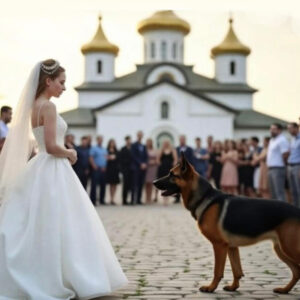 At the wedding, the bride’s dog stood in the way.