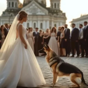 At the wedding, the bride’s dog blocked the path