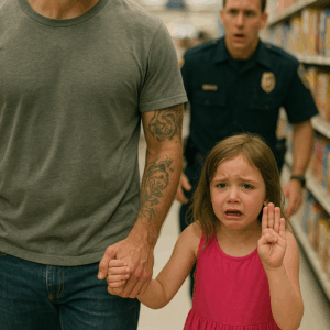The Little Girl Lifted Her Hand With All Five Fingers Spread — But It Wasn’t a Simple Greeting. It Was a Quiet Plea for Help, a Hidden Signal Only a Trained Eye Could Recognize. The Officer’s Expression Changed Instantly — And What Happened Next Was Something No One in the Supermarket Saw Coming