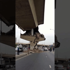 The bridge’s support collapsed after the earthquake, but it was only the outer concrete that hit the car.